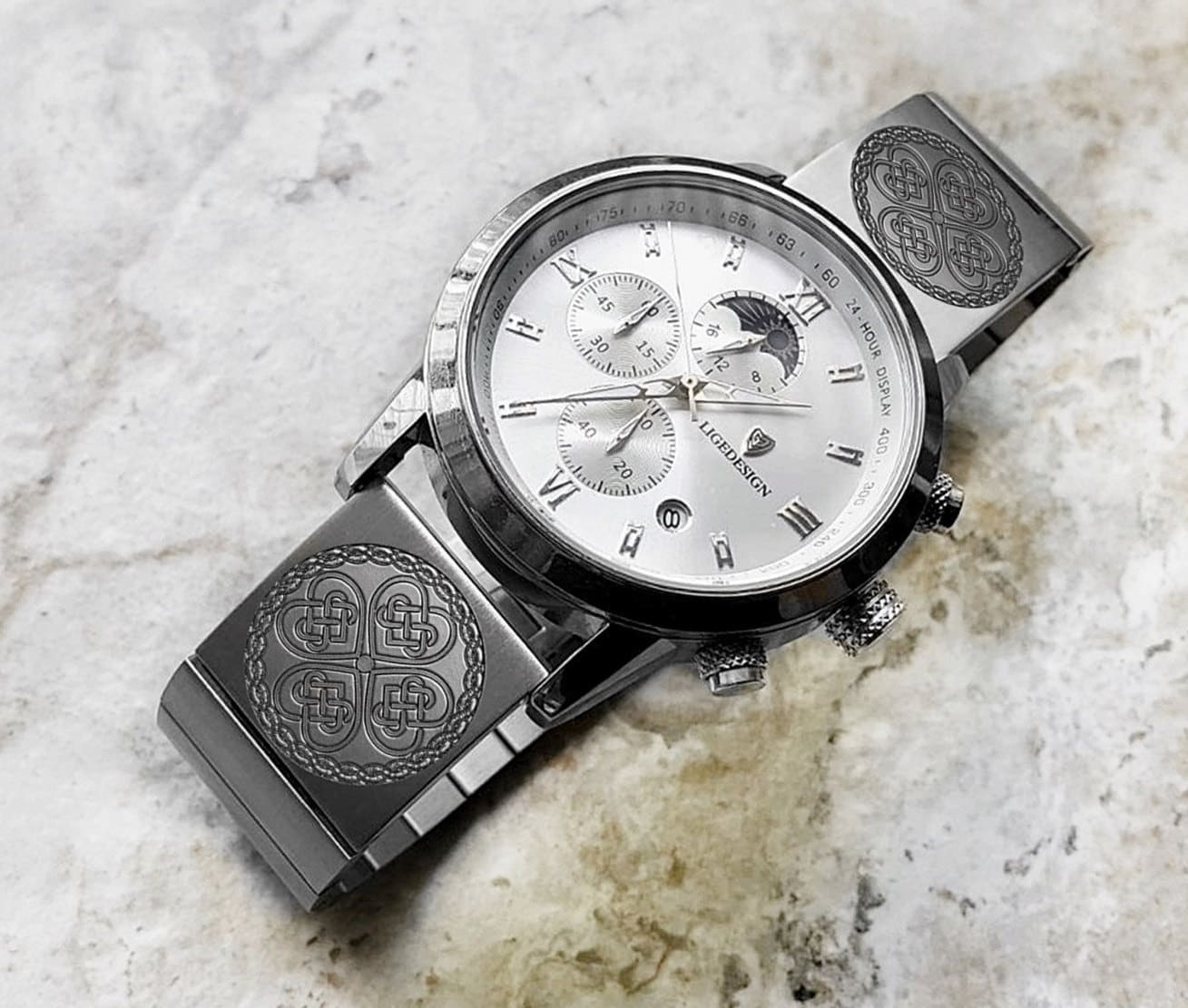 Engraved Watch Band for 22mm 24mm 25mm Lugs Traditional Casual Luxury and Smartwatches Silver Color Stainless Steel Bracelet Strap CC3